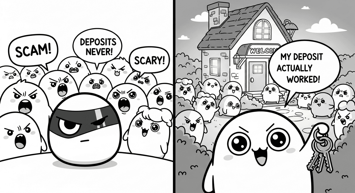 Illustration showing people calling deposits scams while someone finds a real apartment