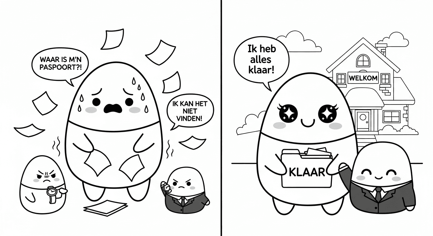 Illustratie van een gestrest persoon met rondvliegende papieren versus een georganiseerd persoon met een nette map