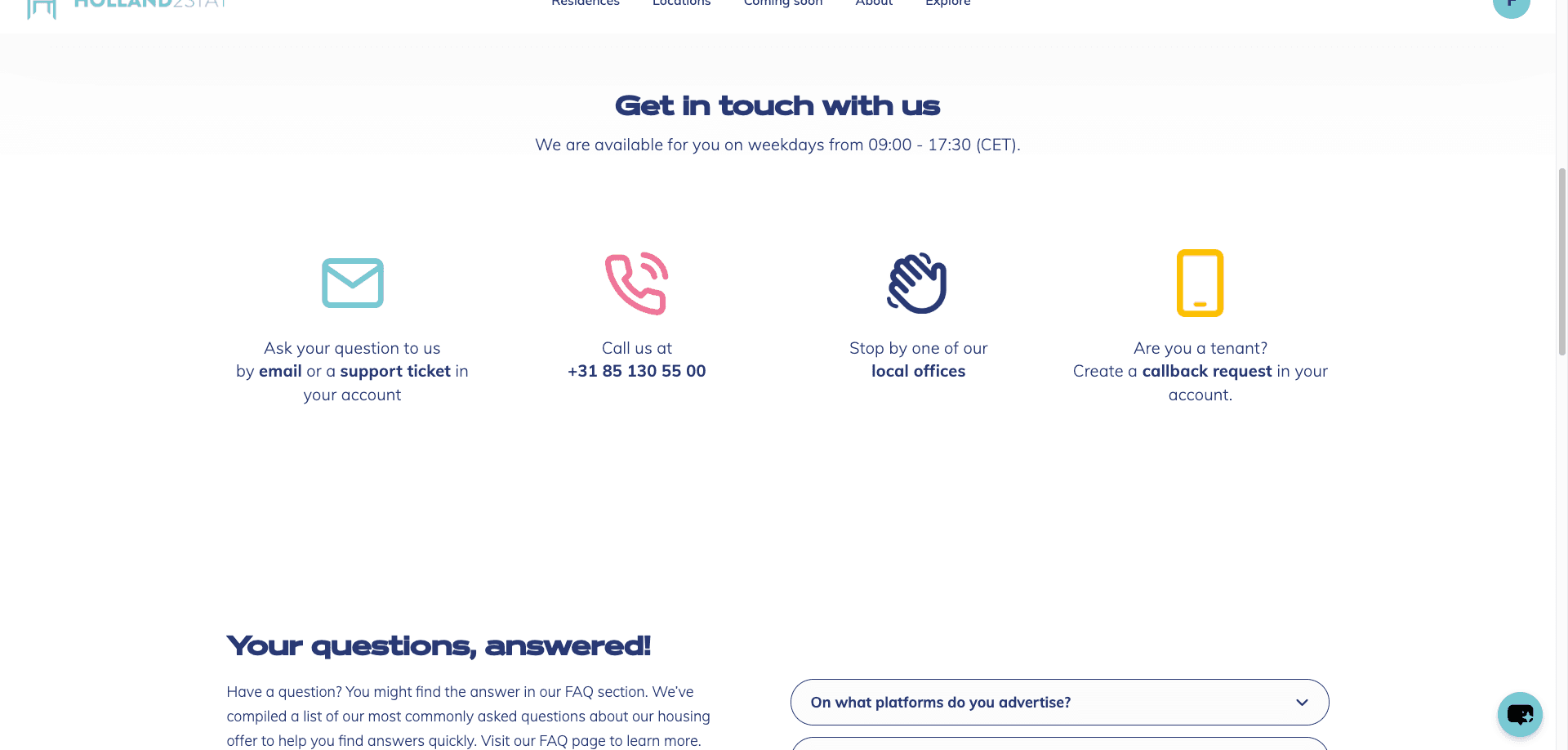 Holland2Stay contactpagina met telefoon, mail en openingstijden