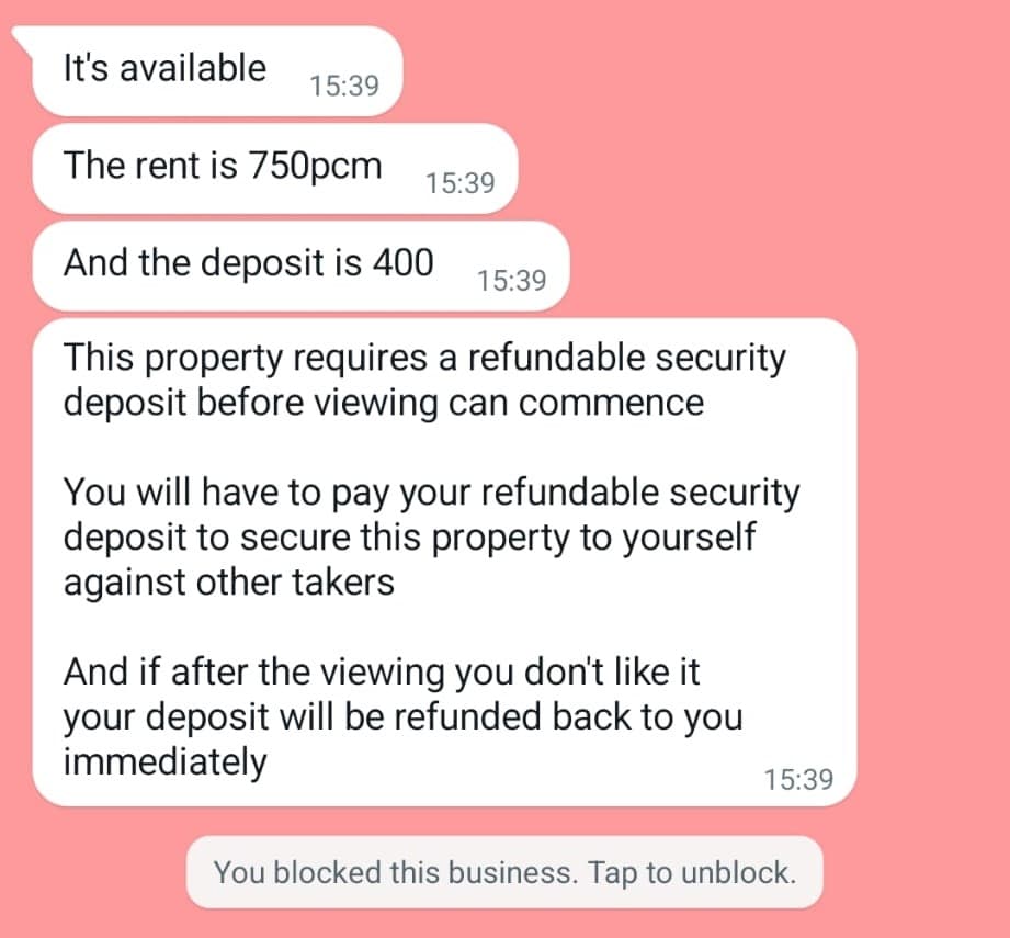 WhatsApp-bericht waarin £400 wordt gevraagd voor een bezichtiging, met typische oplichterskenmerken